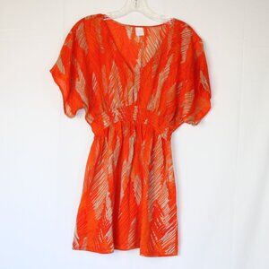 XHILARATION WOMENS SHORT SLEEVE SWIM COVER UP DRESS SZ M ORANGE TAN LEAF COTTON